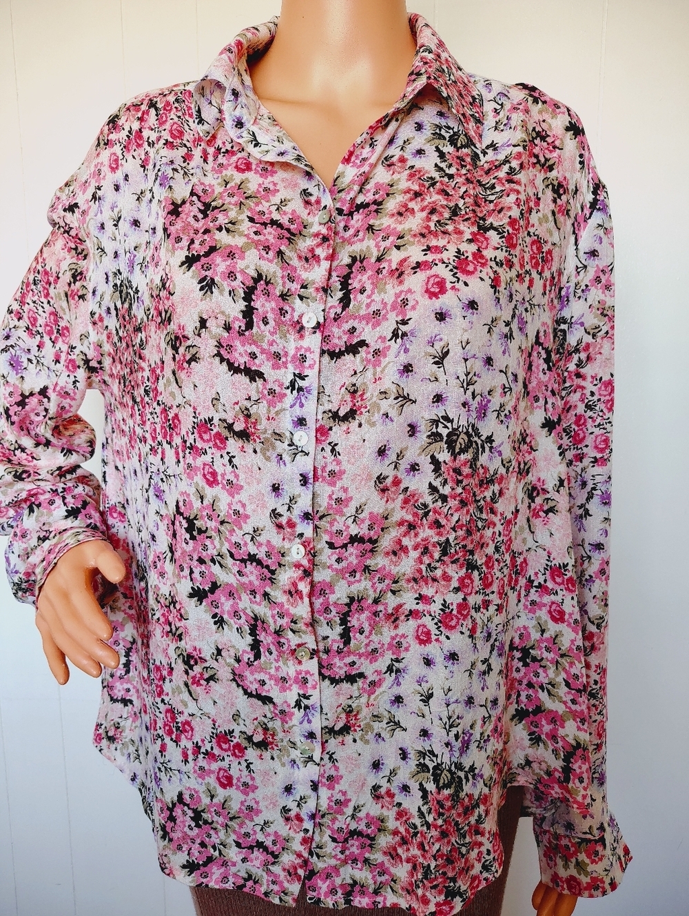 Jane + Delancey Pink Floral Button-Up Blouse Size L